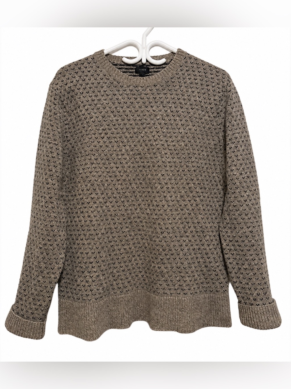 J. Crew Men’s Lambswool Bird’s Eye Crewneck Sweater Taupe and Black Size Large